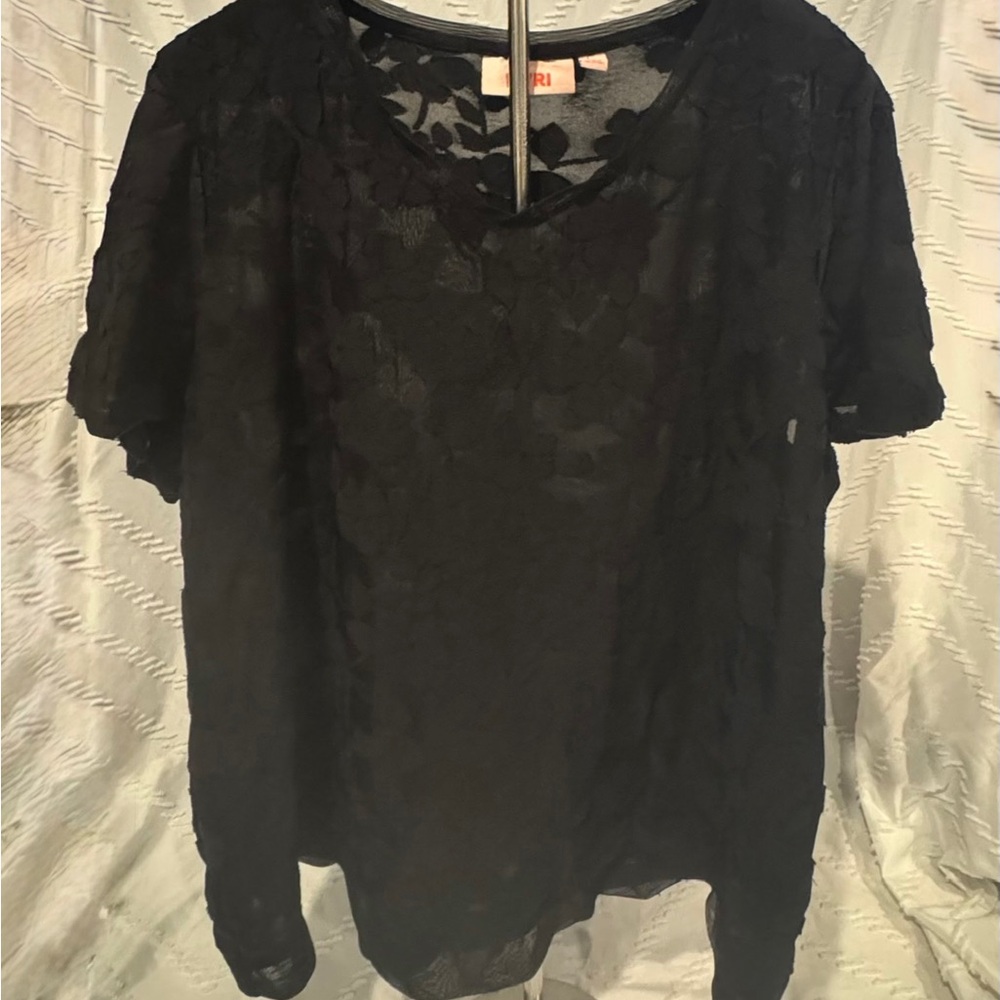 EVRI 2 layer Black on Black Sheer Floral Top 2X